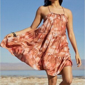 NWT Unsubscribed Dark Tan/Orange Tie Dye Washed Silk Tiered Trapeze Sun Dress M
